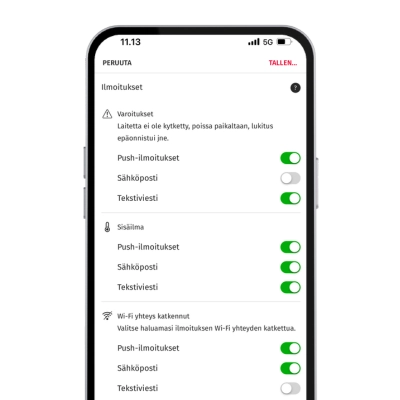 Verisure-sovellukset ilmoitukset-valikko.