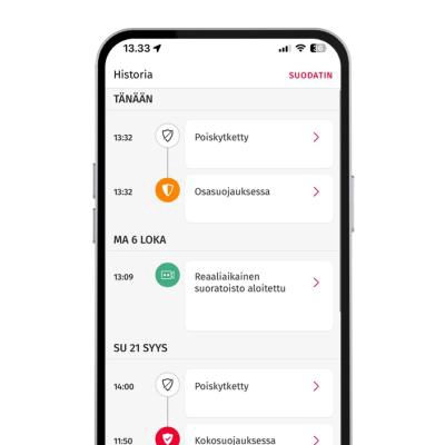 Verisure-sovelluksen tapahtumahistoria-näkymä.