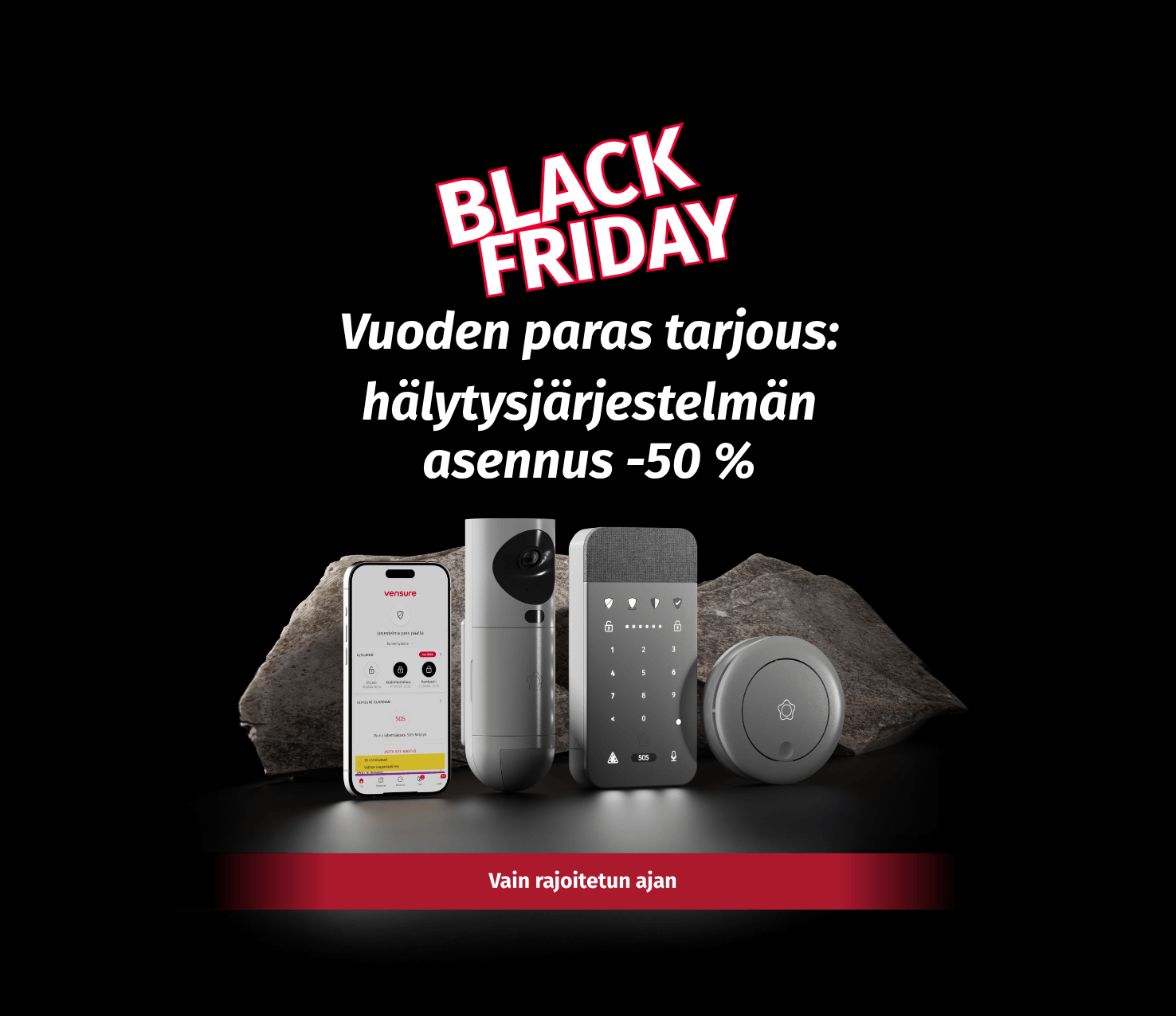 Verisuren turvalaitteet, Black Friday -50 % asennuksesta -tarjous sekä “Luotetuin merkki” -merkintä.