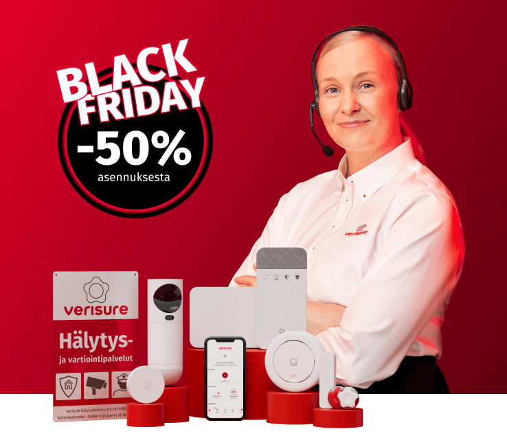 Verisure Black Friday -tarjous: -50 % asennuksesta, asiantuntija ja hälytysjärjestelmän laitteet punaisella taustalla.
