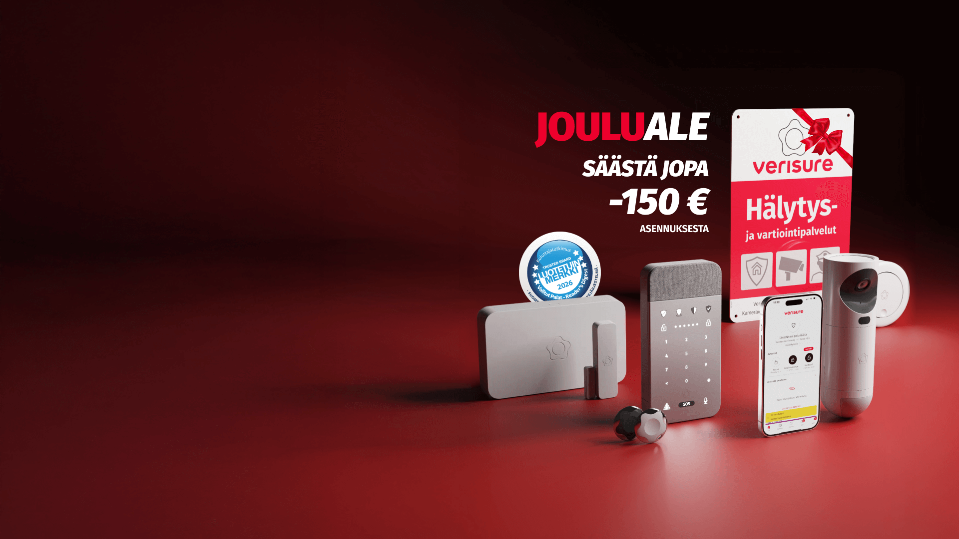 Verisuren hälytysjärjestelmän laitteet, sovellus ja hälytyskyltti punaisella taustallae