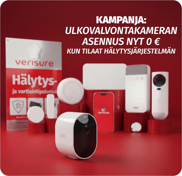 Verisuren tuoteperheen laitteet sekä Arlo-kamera punaisella taustalla.