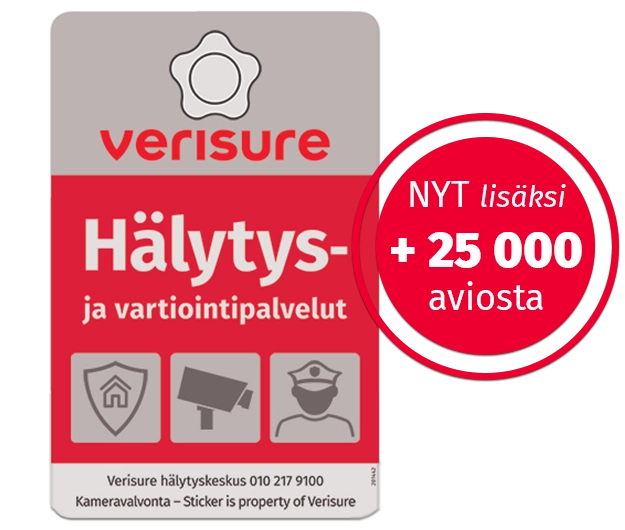 Verisuren valvonnasta kertova kyltti, jossa lukee: "Verisure. Hälytys- ja vartiointipalvelut. Verisure hälytyskeskus 010 217 9100. Kameravalvonta - Sticker is property of Verisure."