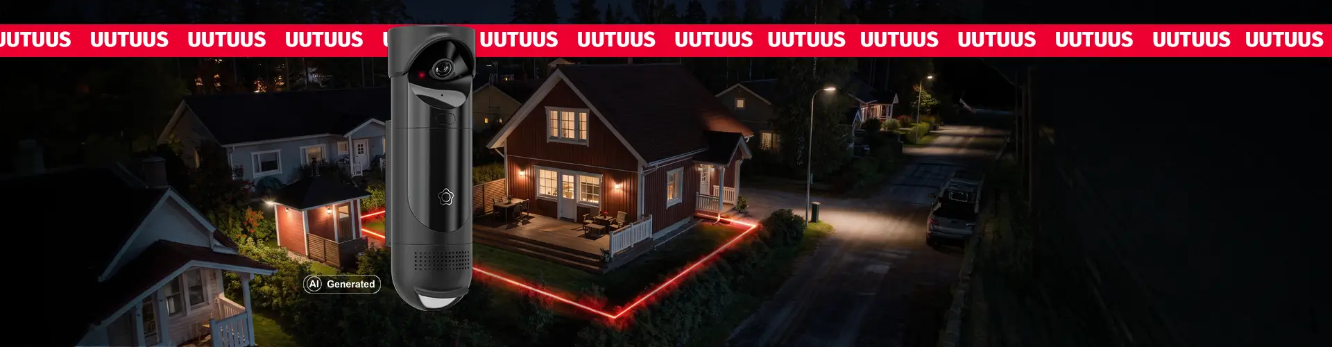 Taustalla talo, jota ympäröi Verisuren Ulkovartijan suojavyöhyke, etualalla Verisuren GuardVision-ulkovideokamera ja yläreunassa punainen banneri, jossa toistuu sana uutuus.
