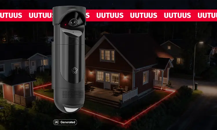 Taustalla talo pimeässä, jota ympäröi Verisuren Ulkovartijan suojavyöhyke, etualalla GuardVision-ulkovideokamera.