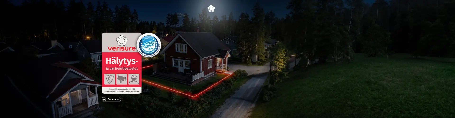 Taustalla talo pimeässä, jota ympäröi Verisuren suojavyöhyke, etualalla Verisuren turvatarra ja Suomen luotetuin hälytysjärjestelmä 2026-merkki.