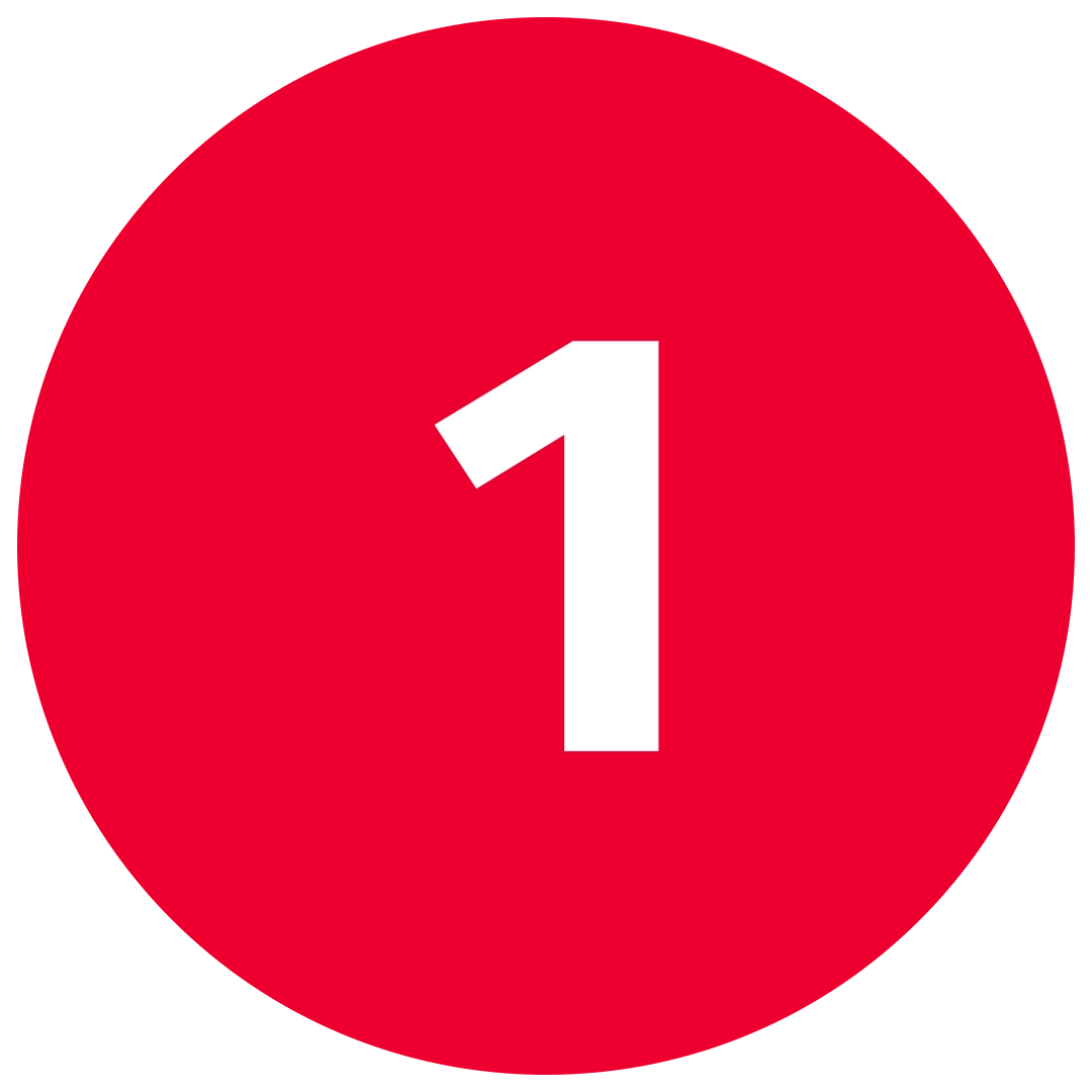 Punainen ympyrä, jonka sisällä luku 1. Kuvastaa sanaa yksi.