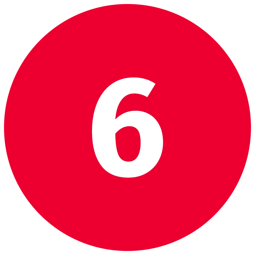 Punainen ympyrä, jonka sisällä luku 6. Kuvastaa sanaa kuusi.