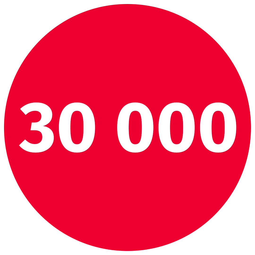 Punainen ympyrä, jonka sisällä luku 30 000.