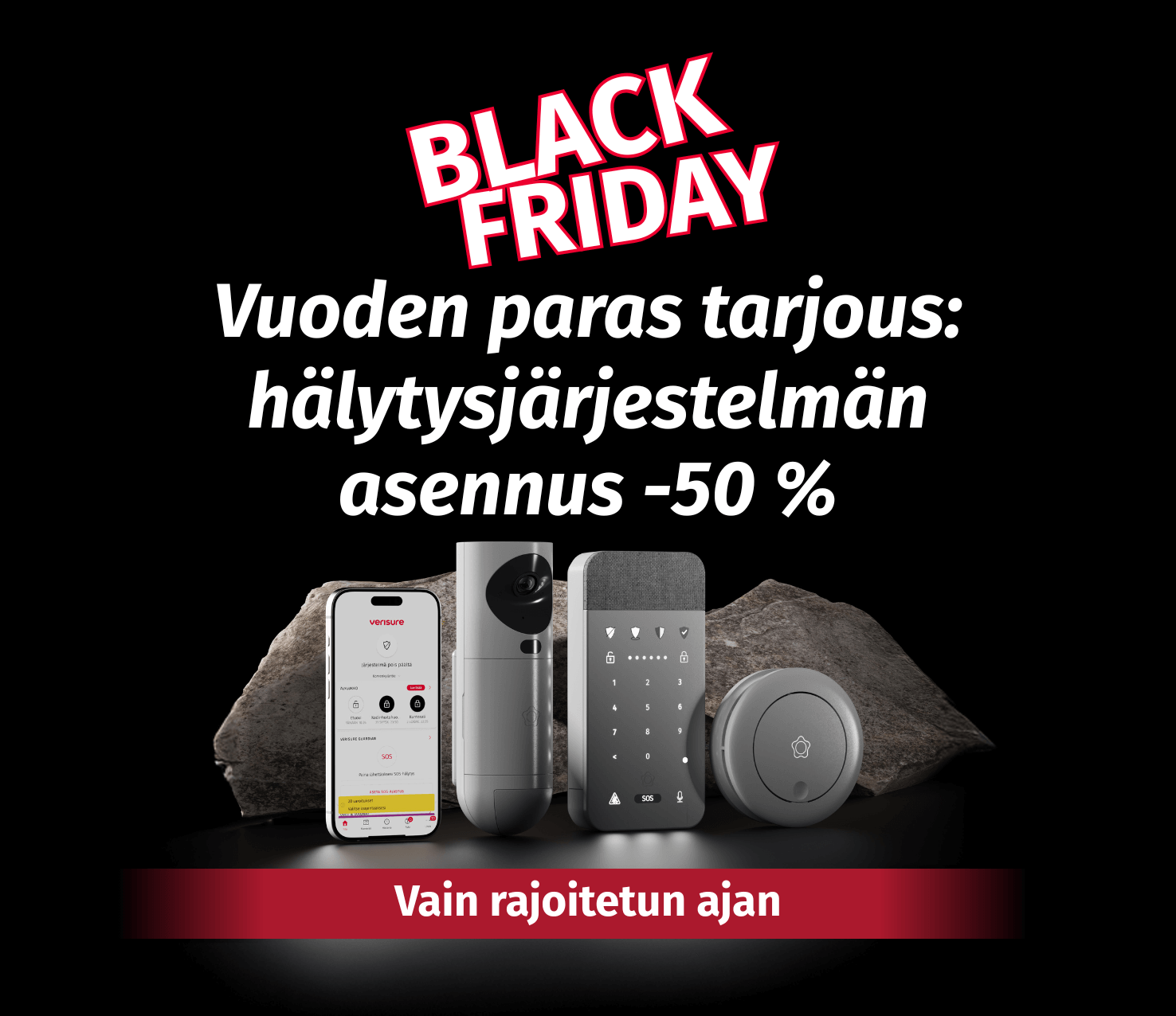 Verisuren turvalaitteet, Black Friday -50 % asennuksesta -tarjous sekä “Luotetuin merkki” -merkintä.
