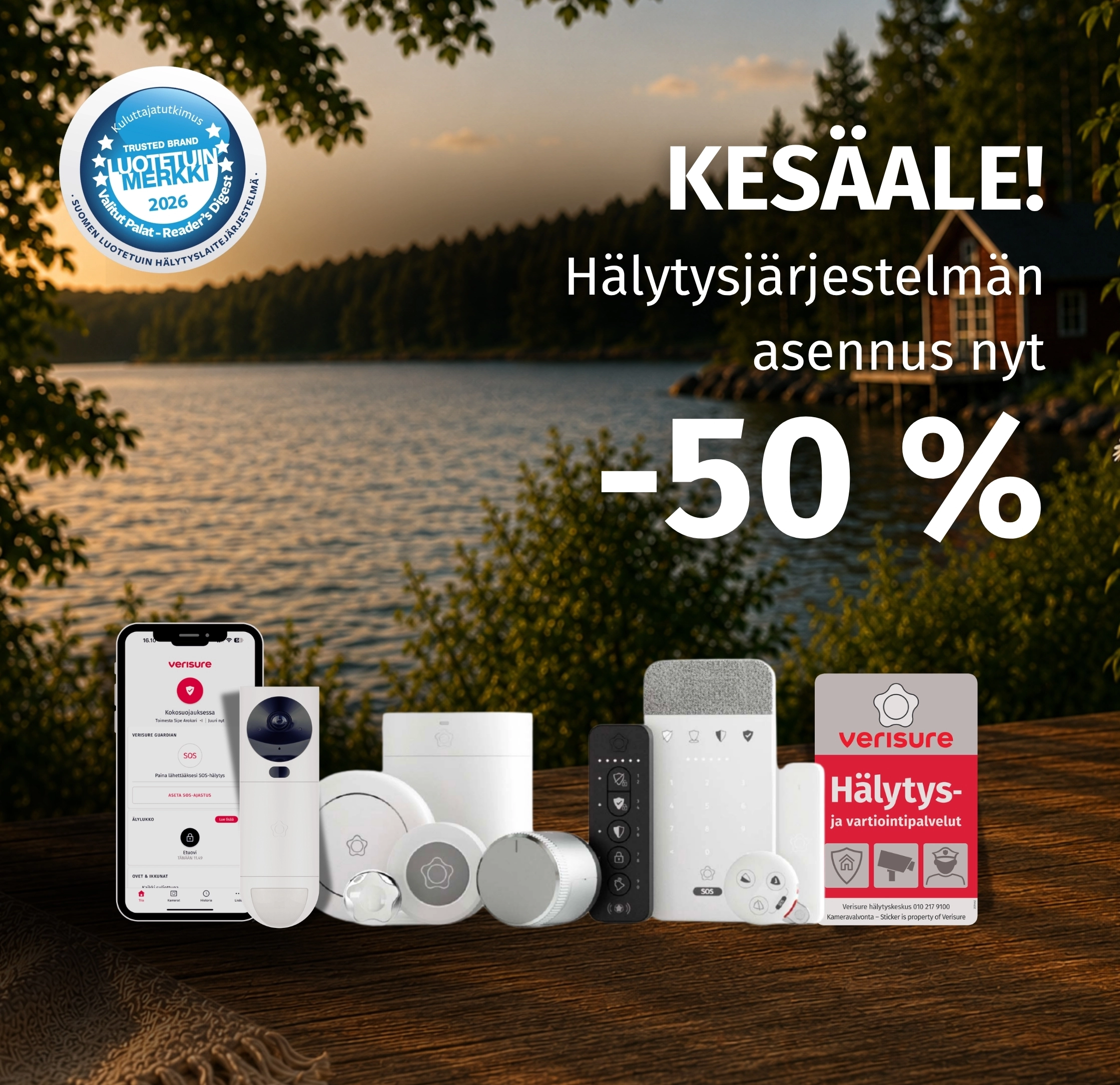 Verisuren tuoteperheen laitteet, taustalla järvimaisema.