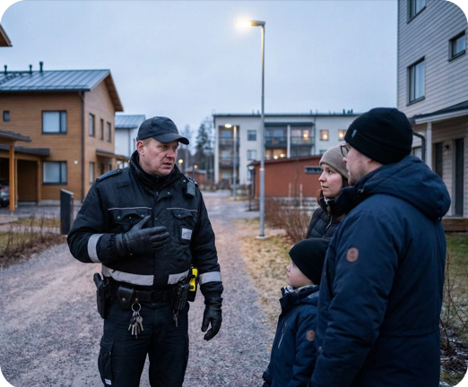 Vartija juttelee perheelle.