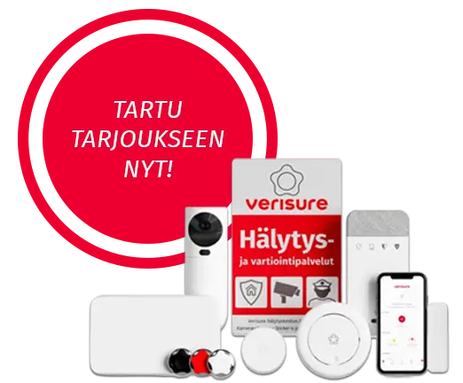 Ympyrä, jossa teksti: "Tartu tarjoukseen nyt!", ja sen edessä Verisuren laitteita.