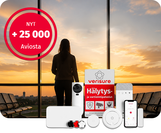 Taustalla henkilö lentokentällä, etualalla Verisuren tuotteita.