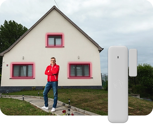 Taka-alalla suojattu talo ja etualalla Verisuren ovi- ja ikkunavahti.