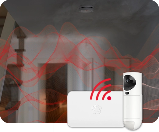 Wifi-aallot tulipalotilanteessa, etualalla Verisuren keskusyksikkö ja kamerailmaisin lähettävät wifi-signaaleja.