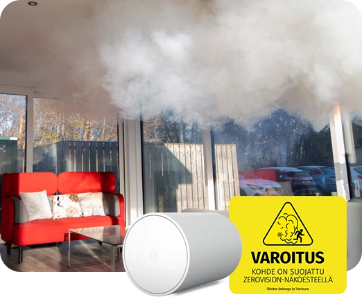 Etualalla ZeroVision-näköeste ja taka-alalla savun peittämä huone.