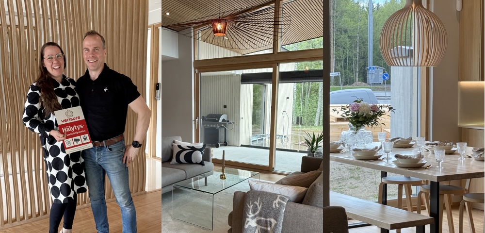 Vasemmalla Villa Aalloksessa asuva Viljamaan pariskunta, keskellä olohuone ja oikealla keittiö.