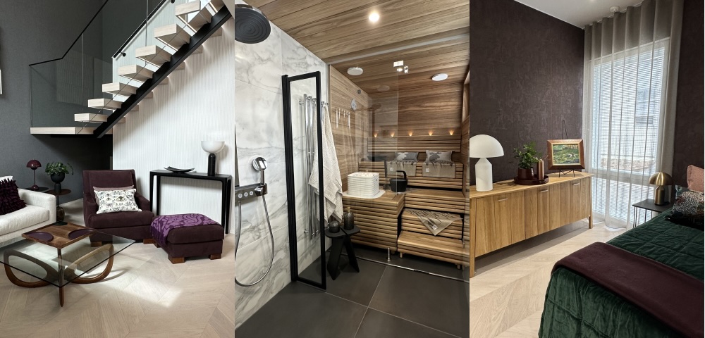 Vasemmalla Villa Aalloksessa asuva Viljamaan pariskunta, keskellä olohuone ja oikealla keittiö.